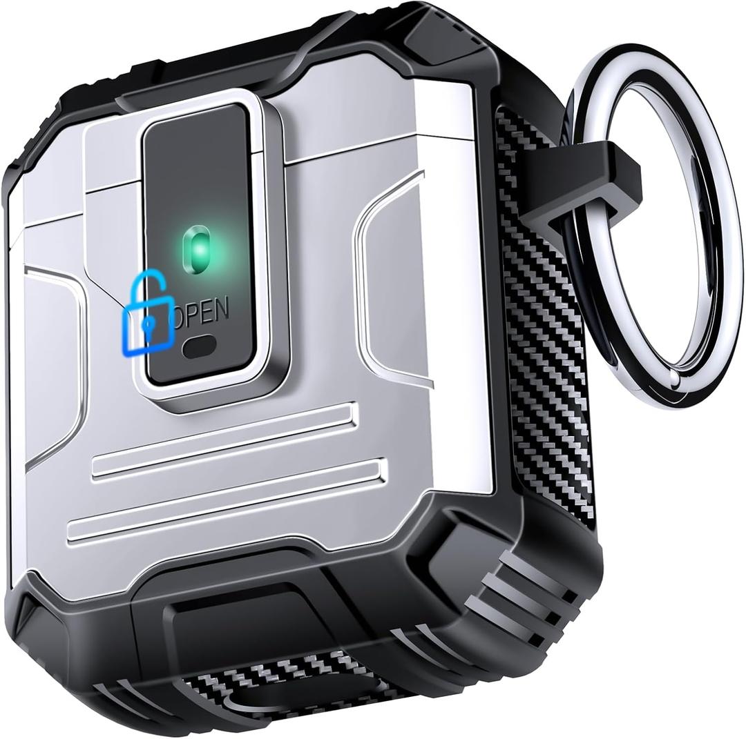 AirPods 1/2 Case with Lock & Carabiner, 360° Military-Grade Shockproof Cover, 1-Click Magnetic Lock Open, Secure Clip for Running, Hiking, Outdoor Travel-Silver