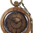 Tiong Wooden Pocket Watch,Engraved Wooden Pocket Watches for Men Handmade Bamboo Wood Analog Quartz Pocket Watch with Chain Gift for Father's Day (dark brown)
