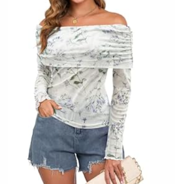 ZAFUL Women's Sexy Off The Shoulder Mesh Tops Classy Sheer Stretchy Slim Fit Shirts Party Going Out Blouse  (Large, White Floral)