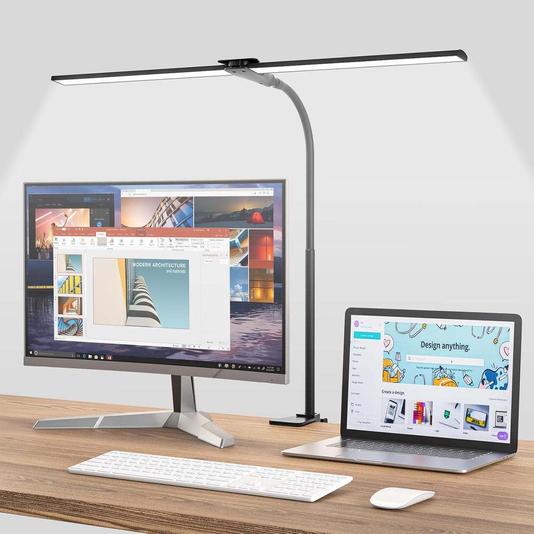 LED Desk Lamp for Home Office, Bright Double Head Desk Lamp with Clamp, Dimmable 5 Color Modes Desk Lighting, 12W Eye-Caring Architect Table Lamp for Workbench, Monitor, Reading, Study, 1400lm (25 inch, Black)