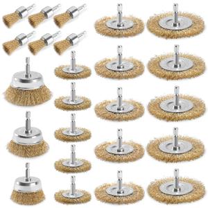 POLIWELL 24 Pack Wire Wheel Brush for Drill, Carbon Steel Bristles Wire Cup Brush Set Coarse Crimped Abrasive Brass Coated Brushes with 1/4 Inch Hex Shank for Rust Removal, Corrosion, Paint Cleaning