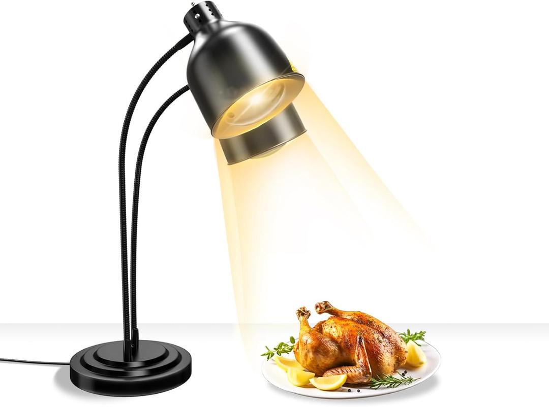2-Head Food Heat Lamp Warmer w/Rapid-Heating Bulbs, Commerical Food Warmer Heating Lamps for Restaurant Kitchen Buffet Catering, Parties Food Heated Warming Lamp (Black, Dual Bulbs)