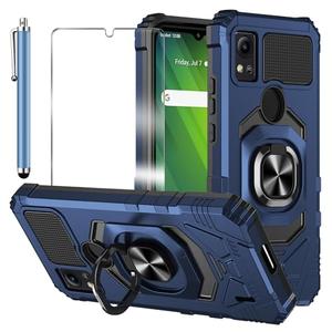 for Cricket Icon 5 Case, with Tempered Glass Screen Protector Heavy Duty Protection Technology Built-in Kickstand Rugged Shockproof Protective Phone Case for Cricket Icon 5, (Blue) 2Pcs