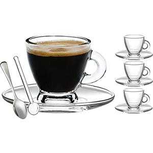 Espresso Cups, 3.2 oz Small Demitasse Clear Glass Espresso Drinkware, Set Of Cups, Saucers and Stainless Steel mini Spoons + Free Glass Spoons (set of 4)
