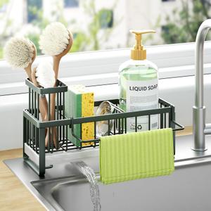 HapiRm Sponge Holder for Kitchen Sink - Self-draining Sink Caddy with Brush and Dishcloth Holders, Stainless Steel Kitchen Organizer for Countertop - Green