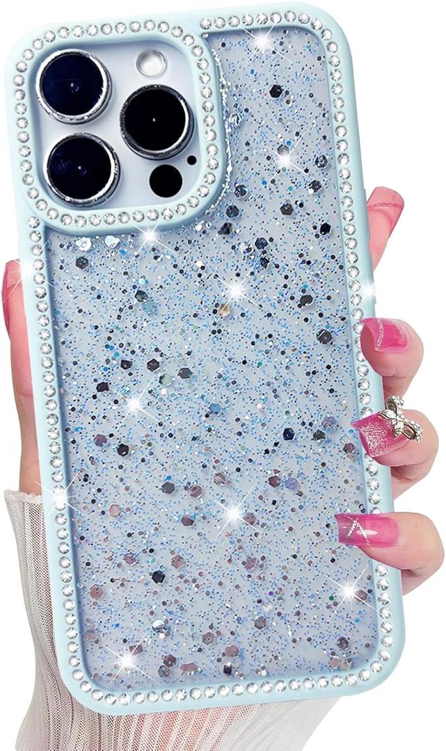 3 x for iPhone 14 Pro Max Case, Sparkly Crystal Diamonds Rhinestone Border with Shiny Glitter Sequins Phone Cover for Women Girls, Transparent TPU Bling Slim Protective Case for iPhone 14 Pro Max