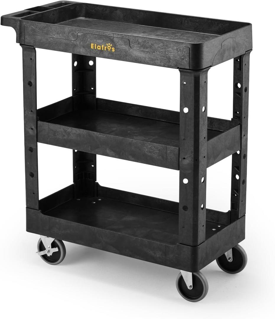 ELAFROS 3 Shelf Heavy Duty Utility Cart, 34" x 17" x 38.5", Rolling Work Cart with 4 Swivel Wheels, Deep Shelves, Safely Holds up to 550 lbs 3-Tier Service Tool Cart, Black