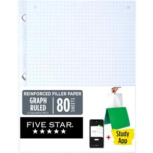 2 x Five Star Loose Leaf Paper + Study App, Graph Ruled Filler Notebook Paper, Reinforced, Fights Ink Bleed, 8-1/2" x 11", 80 Sheets (170122)