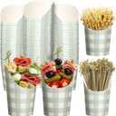 Potchen 250 Pcs Sage Green Plaid Charcuterie Cups with Sticks 14 oz 50 Sets Disposable Checkered Gingham Snack Appetizer Cups with 200 Cocktail Picks French Fry Holder for Wedding Bridal Party Decor