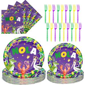 Tioncy 96 Pcs Mardi Gras Plates and Napkins Disposable Tableware Set Purple Nola Paper Plates Forks for 24 Guests Mardi Gras Party Supplies Alligator Crawfish Pelican Party Decorations Forks Set