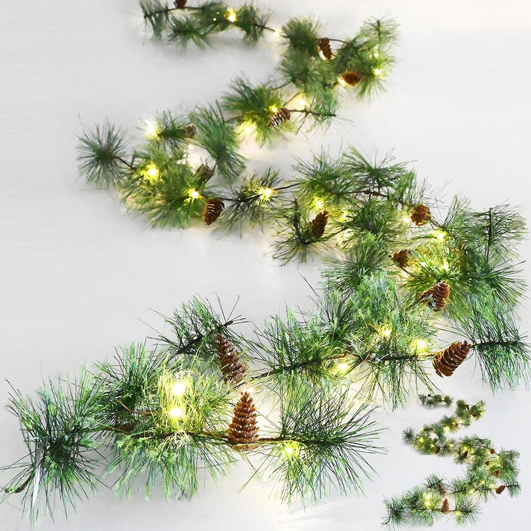 Christmas Garland with LED Fairy Lights 13FT Battery Operated Smokey Pine Garlands with 8 Flash Modes and Timer Pine Cones Artificial Greenery Garland Rustic Garlands for Xmas Holiday Home