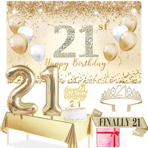 Trgowaul 21st Birthday Decorations for her, Gold 21 Year Old Banner, Tablecloth, 21st Sash and Crown, Cake Topper, Number Balloons, Happy 21 Birthday Decorations Women