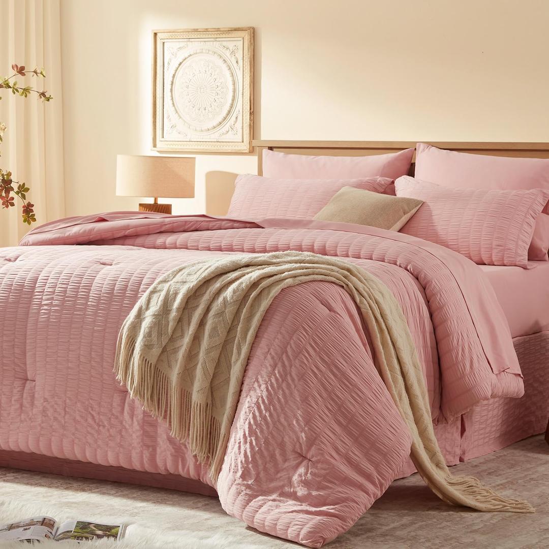 Laojin Balhen Queen Comforter Set 7 Pieces, Pink Seersucker Bed in a Bag Set Queen Size, All Season Luxury Bedding Sets with Comforter, Sheets, Pillowcase & Sham