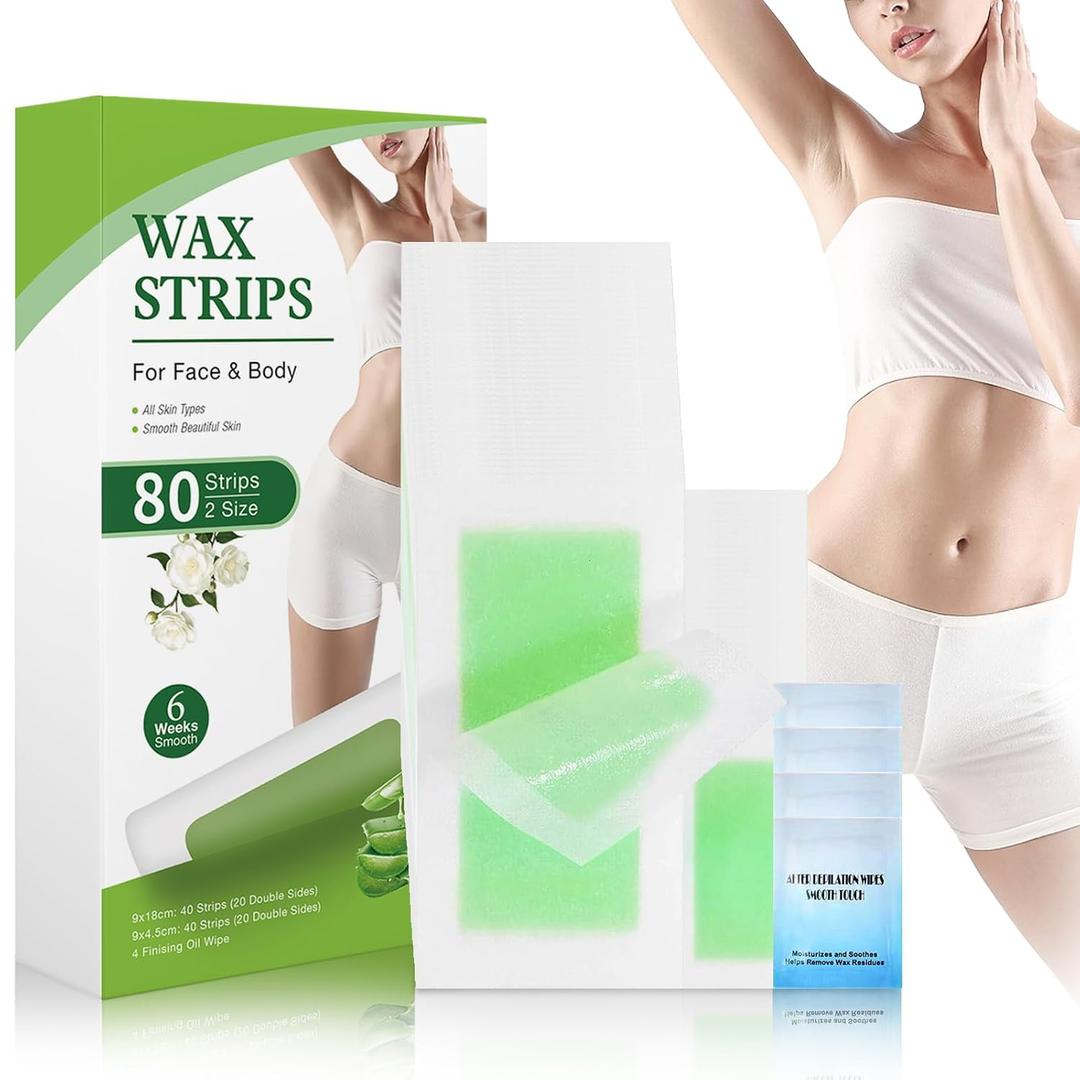 Wax Strips For Hair Removal, Waxing Kit For Women, Wax strips, Hypoallergenic, Facial Hair Removal for Women And Men, Waxing Hair Removeal Kit with 80 PCS + 4 Calming Oil Wipes(Green, Pack of 80)