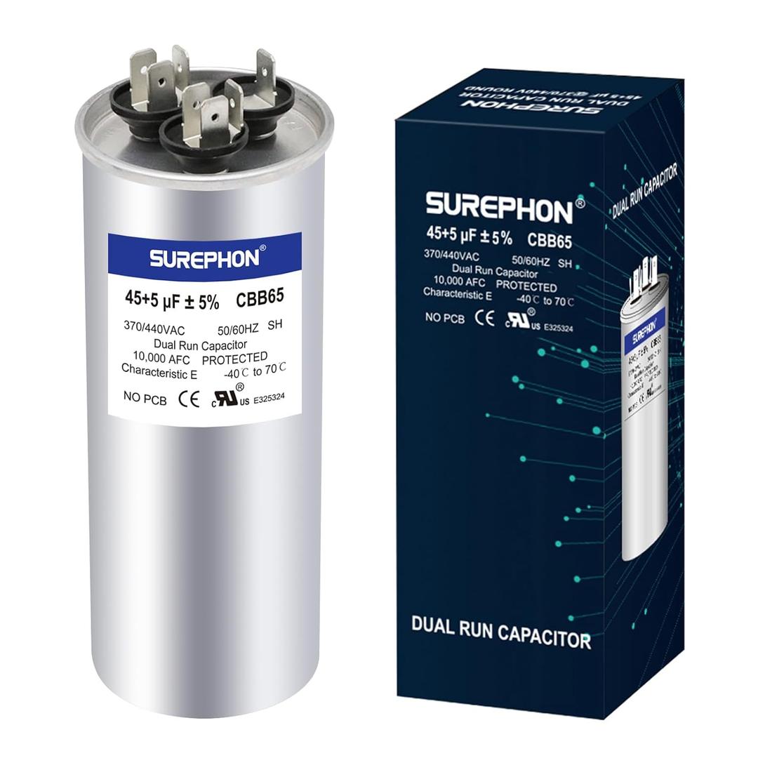 SUREPHON 45+5 uF 45/ 5 MFD ±5% 370V/ 440VAC Dual Run Start Capacitor CBB65B Works for AC Unit Fan Motor Start or Heat Pump or Condenser Straight Cool
