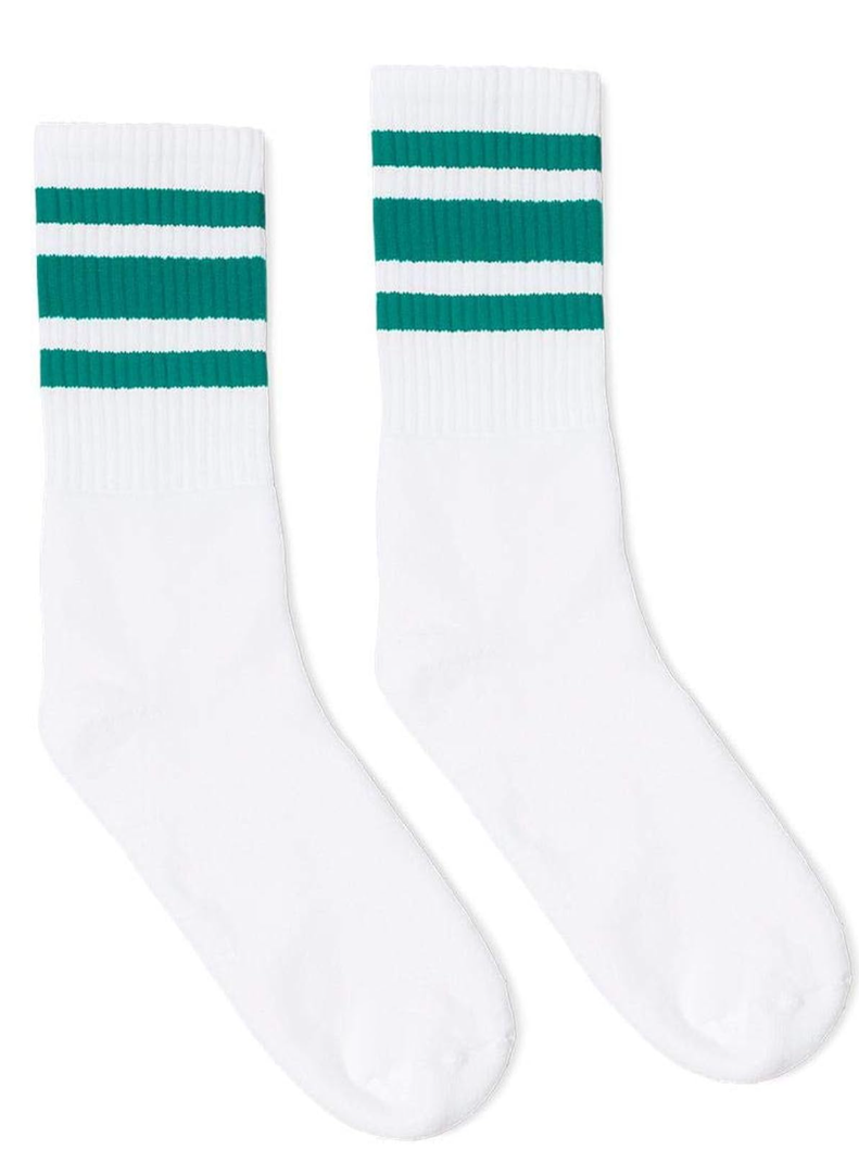 2 Pack White with Teal Stripe Crew Socks Made in USA