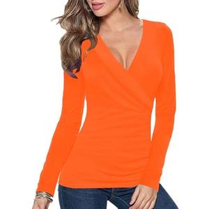Afibi Womens Slim Fitted Deep V Neck Cross Wrap Top Long Sleeve T-Shirts S