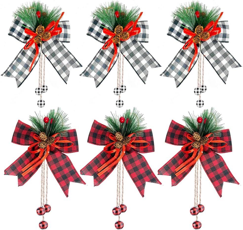 6 PCS Christmas Burlap Plaid Bow with Pine Cones Pine Needles with Bells 11.8 x 5.5 inches Velvet Pine Cone Bow Christmas Wreath Bow Buffalo Check Bow Christmas Tree Hanging Ornaments Decor