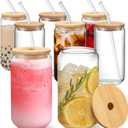 NETANY [ 8pcs Set ] Drinking Glasses with Bamboo Lids and Glass Straw - 16oz Glass Cups, Beer Glasses, Iced Coffee Glasses, Cute Tea Cup, Ideal for Cocktail, Whiskey, Gift - 2 Cleaning Brushes