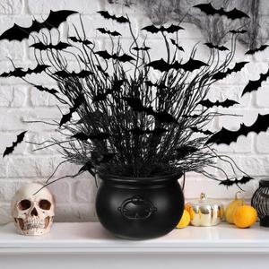Zeyune 50 Pcs Halloween Black Artificial Branches Floral Picks Vase Filler 17.72 Inch Artificial Curly Willow and 3D Bats Wall Decals Sticker Decor Tree Glittery Flowers for Gothic Home