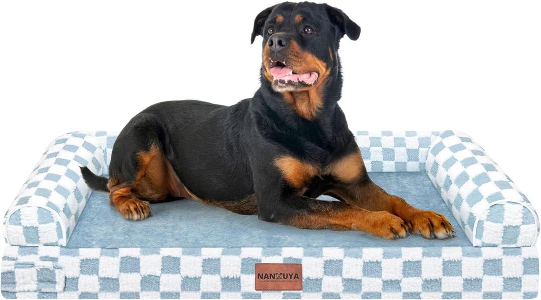 Large Dog Bed Orthopedic Washable: Beds Bolster XXL Bed Big XLarge Dogs Egg Crate Foam Sofa Couch Waterproof Removable Cover - Blue Grid (44.0"L x 34.0"W x 6.5"Th)