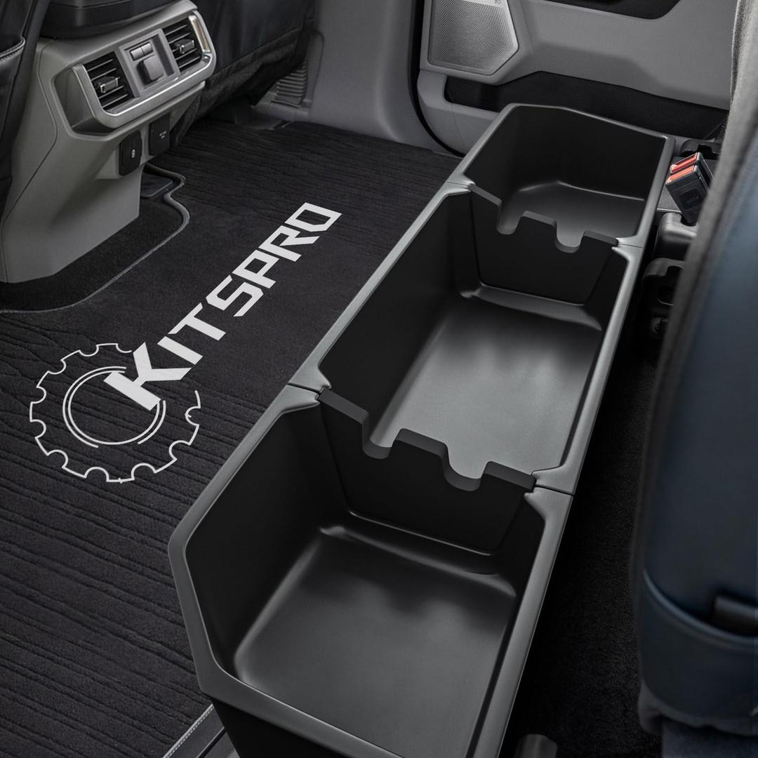 KitsPro Black Rear Underseat Storage Custom Fit 2017-2024 Ford F-250 F-350 F-350 Super Duty and 2015-2024 Ford F-150 SuperCrew Crew Cab Heavy Duty Rear Under Back Seat Box Organizer, Anti Slip (2017-2024 F-250)