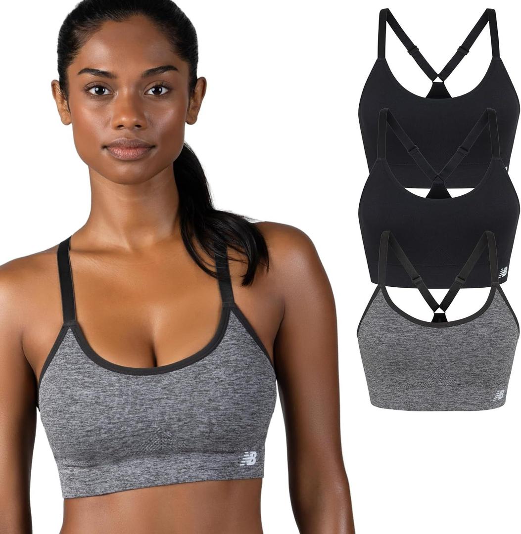 New Balance Women's Sports Bras 3 Pack, Seamless Cami, Removable Pads, Medium Impact Gym Sports Bra for Women, Workout Set (Gray, M)