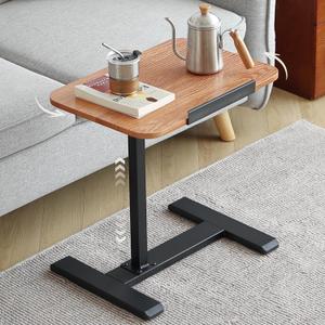 Solid Wood C-Shaped Side Table,360 Rotating TV Tray Table,Height-Adjustable,Sliding Sofa Table,Rolling Laptop Desk for Living Room and Bedroom Use with Sofa,Bed,Chair-Pale Walnut