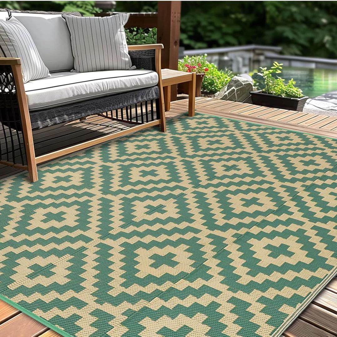 Outdoor Rugs Patio Camping Waterproof - 4x6 Plastic Straw Patio Rug Portable for Campers, Outside RVs Mat, Outdoor Area Carpet for Patios Clearance, Backyard Porch, Balcony, Picnic, Green & Yellow
