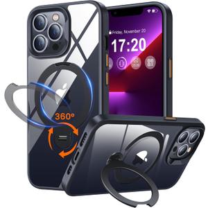 360 Rotatable Magnetic Stand for iPhone 13 pro max Case Compatible with Mag-Safe 16FT Military Drop Protection, Anti-Scratch/Fingerprint Shockproof iPhone 13 pro max Phone Case(Clear-Black)
