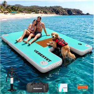 VEBESYET Inflatable Floating Dock for Adults & Dogs, 6-Inch Platform | Durable Drop-Stitch PVC Floating Dock with EVA Dog Ramp for Pets, Swimming, Fishing, Lakes & Beaches, MintGreen+Light Gray+Ramp, 5ft × 6ft × 6"