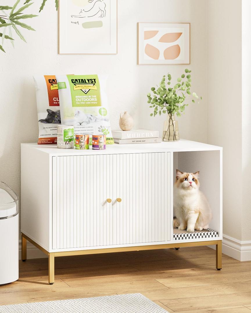 Cat Litter Box Enclosure, Modern Hidden Litter Box Furniture with Scratching Pad, Wooden Cat House Cabinet with Gold Metal Legs, Fit Most of Litter Box,White and Gold (Vertical pattern white)