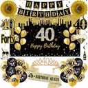 40th Birthday Decorations for Women, 33pcs 40th Crown and Sash, Black Gold Happy 40th Birthday Banner Balloons Backdrop Hanging Swirls Paper Fans, 40 Years Old Bady Decorations Kit