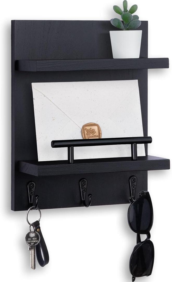 Key Holder Wall Mount, Mail Shelf Decor with 3 Key Hooks, Versatile Wood Wall Organizer for Entryway Hallway (8.2 x 10.6x 3.6) (Black)