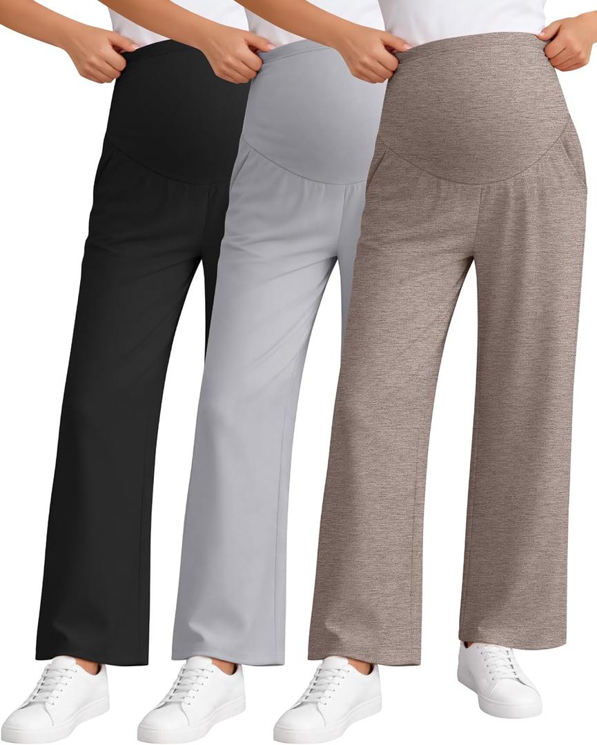 3 Pack Women's Maternity Pants Loose Wide Leg Pregnancy Sweatpants Over The Belly Lounge Pants Pajama with Pockets (Large, Navy Blue, Light Gray, Light Coffee)