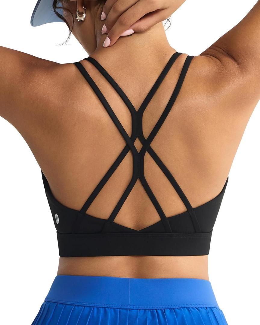 RUNNING GIRL Sports Bras for Women,Strappy Crisscross Back Padded Low Impact Running Sports Bra with Removable Cups (Large, Black)