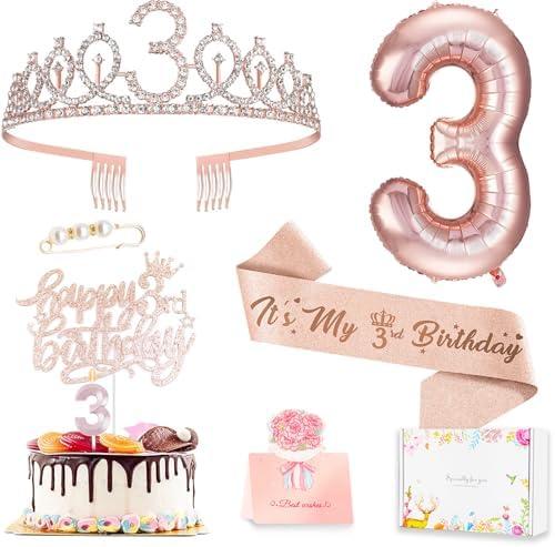 3rd Birthday Decorations for Girls, Including 3 year old Birthday Cake Topper, Queen Sash with Pearl Pin, Sweet Rhinestone Tiara Crown, Number Candles and Balloons Set, Rose Gold