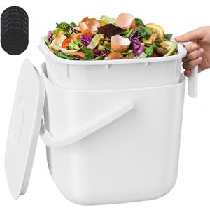 5.4L Kitchen Food Waste Bin with Lid & Handles, Indoor Compost Bucket Includes Inner Bucket Liner, White
