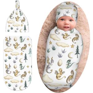 Cute Dragon Print Swaddle Blanket with Beanie Set, Cloud Moon Star Dragons Egg Swaddle Sack Newborn Sleeping Sacks for Girls Boys (One Size)