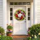 Valery Madelyn Spring Summer Wreaths for Front Door，Collapsible 24 Inch Door Wreath with Daisy Flower,Butterfly and “Welcome” Wood Sign Floral Wreath for Wedding, Wall, Home Decorations
