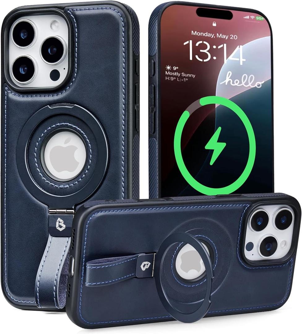 Butaiga for iPhone 14 Pro Max Leather Case with Stand, Anti-Slip Grip Ring, Fits for MagSafe (Blue, iPhone 14 Pro Max)