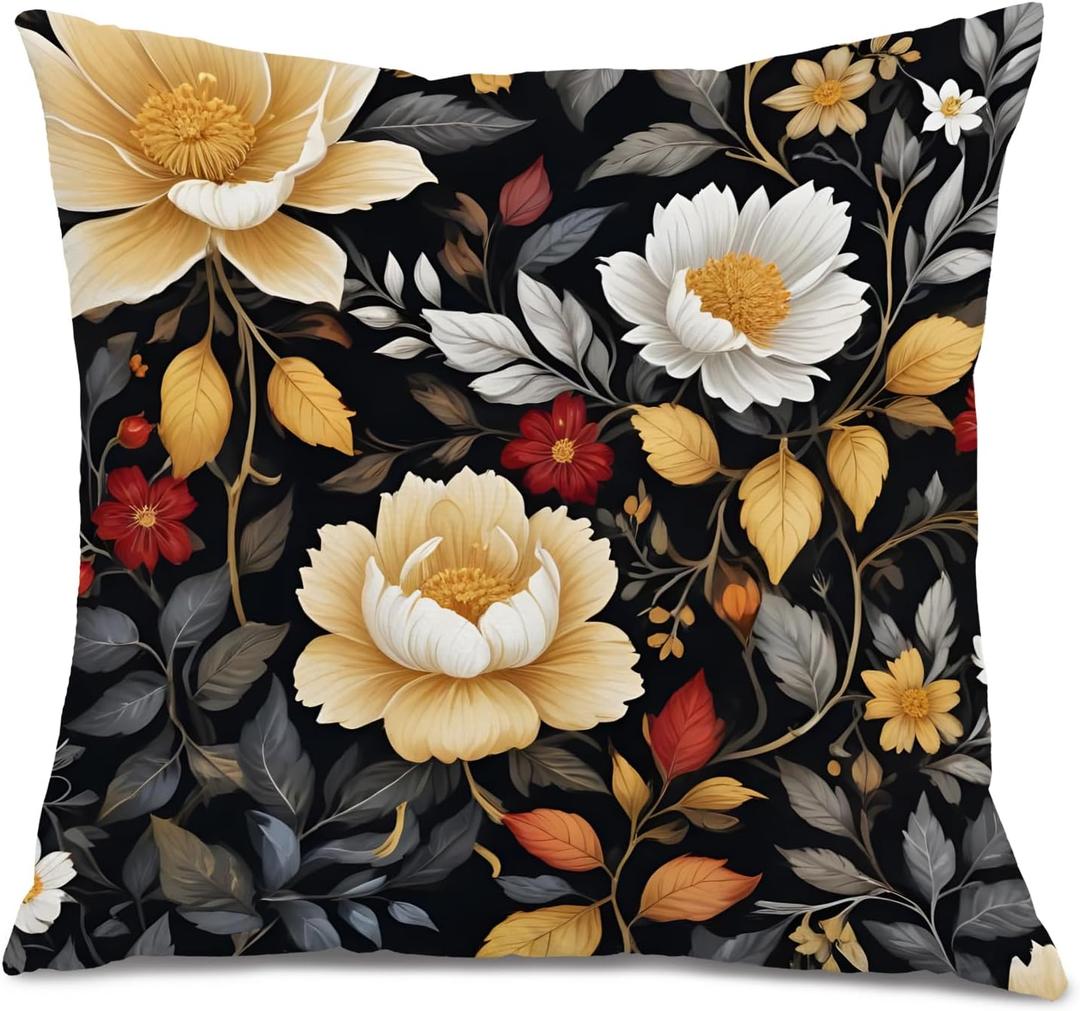 Boho Vintage Floral Pillow Covers 18x18, Floral Room Decor, Dark Cottagecore Flower Plant Botanical Decorative Throw Pillow Covers for Farmhouse Home Bedroom Living Room (Color_2)