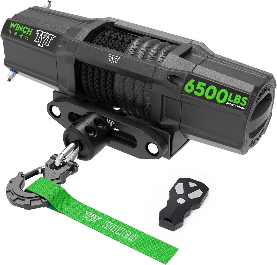 TYT 6500 lb UTV Winch with Wireless Remote and Wired Switch，12 Volt DC Electric Trailer Winch,1/4" x 50FT Synthetic Rope Winch with Rubber Stopper and Mounting Plate