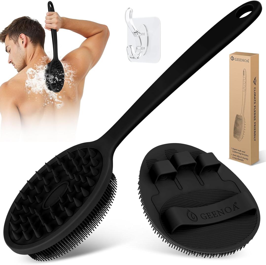 Silicone Back Scrubber & Bath Glove Set 2PCS, 13.4'' Gentle Shower Back Scrubber with Dual-Side Head Non-Slip Handle, 360 Anti-Slip Hand-fit Bath Glove for Rich Foaming Deep Cleaning(Black)