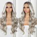 Grey Lace Front Wig for Women 13x4 Body Wave Synthetic Wigs Highlight Pre-plucked Long Wavy 150% Density Natural Heat Resistant Hair Daily Party Use 26 Inch Highlight Grey