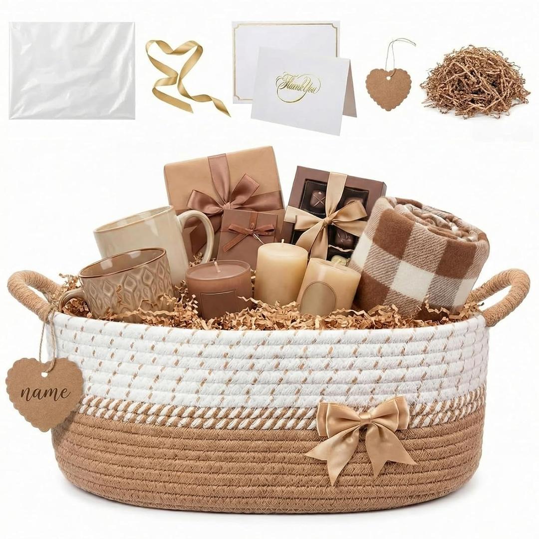 Colingmill Woven Empty Gift Basket 14 * 10 * 5.5 in Basket with Gift Bag Ribbon and Paper Filler Thank You Card Tag for Nursery Living Room Shelves Birthday(Khaki,Jumper Wire)