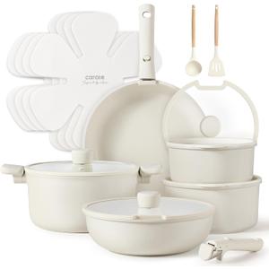 CAROTE Pots and Pans Set Non Stick, Cookware Sets, 18pcs Kitchen Set, Oven/Fridge Safe, Space Saving Pots Set, Nonstick Set with Versatile Removable/Detachable Handle, Induction RV Set, Cream White