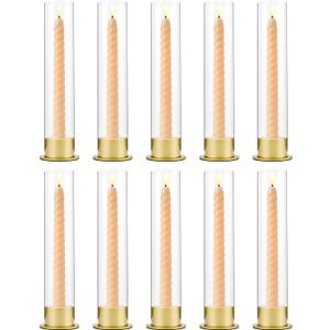 10 Set Gold Candle Stick Holder in Bulk for Wedding Centerpiece,Brass Candlestick Holders with Acylic Lampshade for Christmas Party Dining Table Centerpiece Decor candelabros para centros de mesa