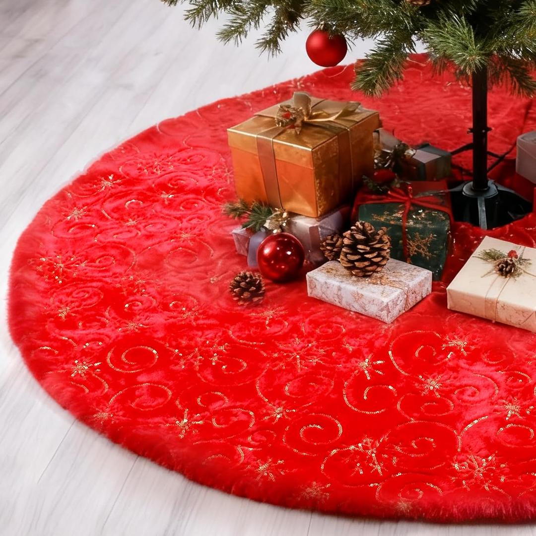 Joyyy 48 Inch Red Faux Fur Christmas Tree Skirt, Luxurious Fluffy Plush Snowflake Tree Collar for Modern Xmas Holiday Decor, Round Large Festive Tree Cover for Home and Party Decoration