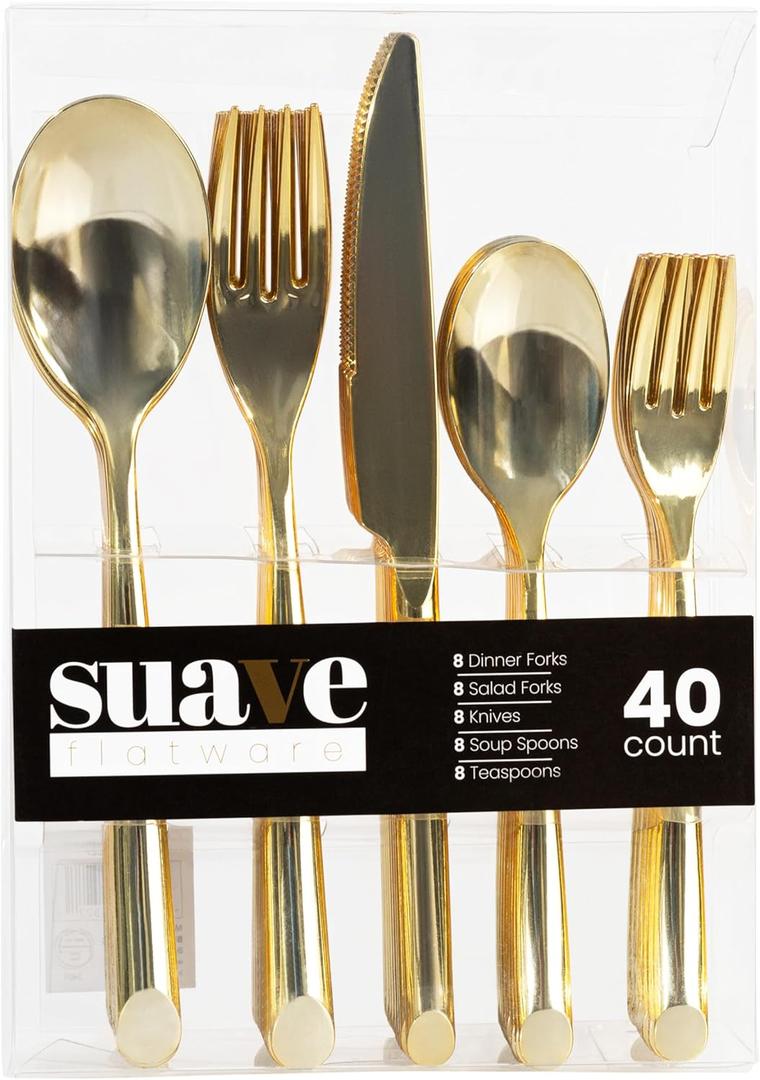 PLASTICPRO 40 Pieces Plastic Silverware Suave Elegant Premium Heavy Duty Gold Plastic Cutlery Set, Fancy Disposable Flatware